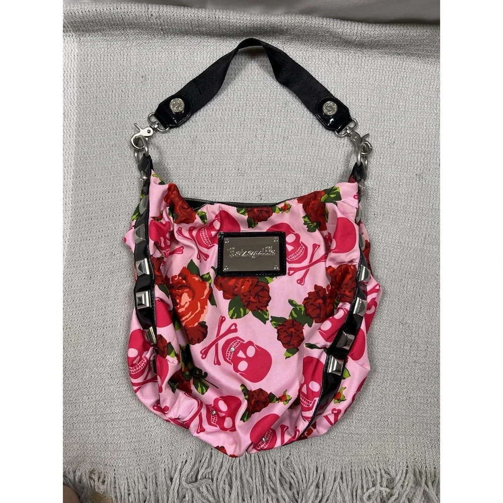 Betseyville Pink Skull Rose Print Hobo Shoulder Bag Studded Accents Y2K Emo Goth